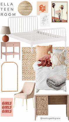 a bedroom with white furniture and accessories in pink, beige and orange colors on the walls