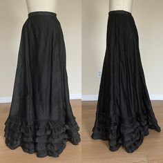 Rare black heavy weight cotton petticoat.    Heavy fabric with a small tight ruffle at bottom . Likely from just about 1900. Condition is very good except for the waistband at closure has some damage and needs to be repaired.  This was also take up at some point and then let back out (marks remain)  Waist is: (or would be) 26" Length is 43" at CB. questions?  just ask! Country Goth, Ruffled Skirts, Gothic Skirt, Sleepy Girl, Dream Aesthetic, Gothic Victorian, Victorian Clothing, Ruffle Skirt, Bye Bye