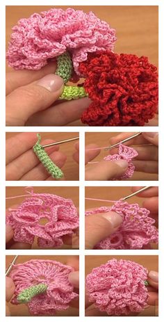 crochet flowers are being worked on by someone using the same technique as yarn