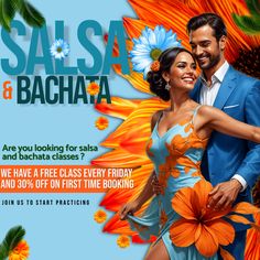 an advertisement for salsa and baacha featuring two people in front of sunflowers