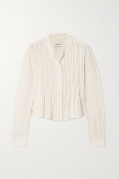 Laid-back yet refined, timeless yet modern, Isabel Marant's 'Adzara' blouse embodies classic Parisian style. It's cut from fluid chiffon and pintucked along the bodice to create a chic, tuxedo-like bib detail. The hem is left plain, so you can tuck it or leave it loose. Luxury Timeless Shirt, White Shomiz Blouses 2020, Chanel Blouse 2022, Classic Parisian Style, Career Fashion, Fantasy Gowns, Church Decor, Summer Fits, Chiffon Blouse