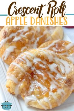 two cinnamon roll apple danishes on a white plate with the title in the middle