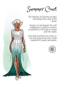 an illustration of a woman in a dress and hat with words describing the fashions of summer