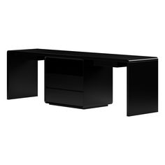 a black desk sitting on top of a white floor