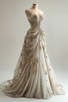 Ivory Gold Wedding Dress, Queen Like Wedding Dress, Rose Colored Wedding Dresses, Gilded Age Wedding Dress, Mythical Wedding Dress, Embroidery Gown Designs, Feyre Wedding Dress, Huge Wedding Dress, Princess Dresses Aesthetic