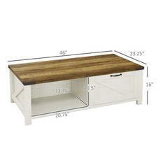 a white coffee table with wooden top and drawers on the bottom, measurements for each drawer