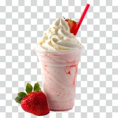 a strawberry milkshake with whipped cream and strawberries on the side png