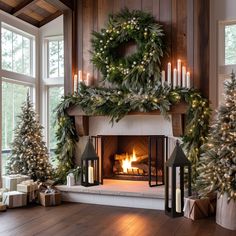 a fireplace decorated with christmas wreaths and candles