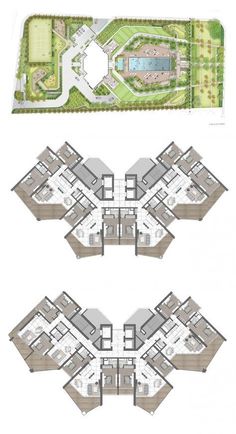 the floor plan for an apartment complex with multiple levels and different rooms, including one bedroom