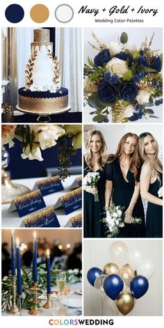 a collage of photos with blue, gold and white wedding colors in the same color scheme