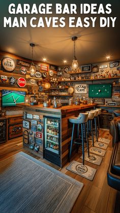 a man cave bar with lots of old memorabilia