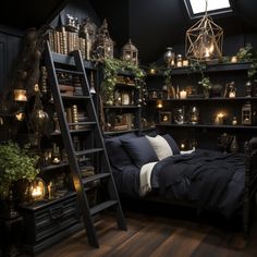 a bed room with a ladder and shelves filled with plants on the wall next to it