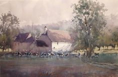 a watercolor painting of cows grazing in front of a farm house with trees on the other side