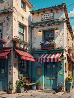 an old building with potted plants and flowers on the front windows, along with awnings