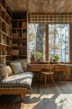 a living room filled with lots of wooden furniture and bookshelves next to a window