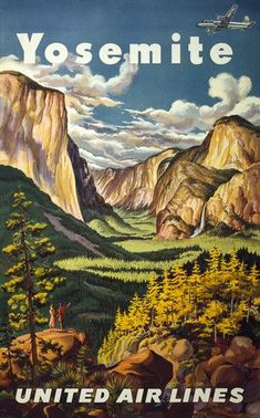 an advertisement for the yosemite national park, with mountains and trees in the background