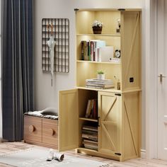 an open bookcase in the corner of a room