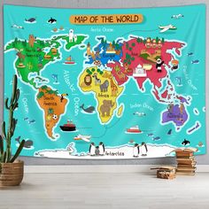 the world map with animals and birds on it