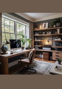 a home office with an l - shaped desk, bookshelf and large window