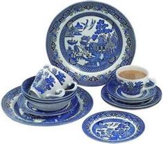 a blue and white porcelain tea set