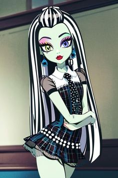 a cartoon girl with long hair and green eyes wearing a black and white outfit, standing in front of a window