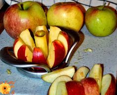 apples cut in half on a counter top