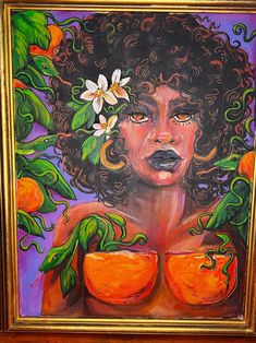 an oil painting of a woman with flowers in her hair and oranges on her chest