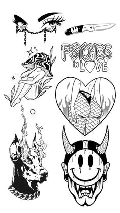 four different types of tattoos on a white background with black and white graphics, including an image of a demon