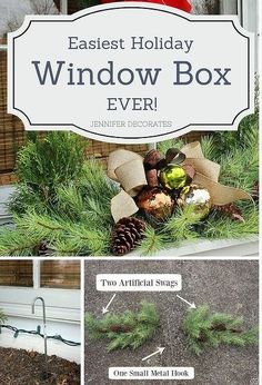 an easy holiday window box decoration with pine cones and evergreens in the front yard