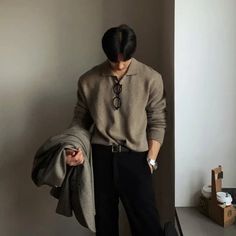 New Fashionable Korean Style Men's Sweater Polo Lapel Pullover Brown Loose Casual Button Soft Korean Belt Outfit Men, French Guy Outfit, Asian Semi Formal Outfit Men, Korean Business Fashion Men, Korean Street Fashion Mens Formal, French Man Fashion, Male Clothes Aesthetic Casual, Men Cozy Outfit, Korean Fashion Men Formal Casual