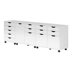 a white cabinet with six drawers and four black wheels on the bottom, against a white background