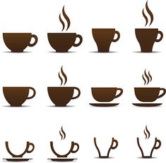 coffee cups and saucers with steam rising from the top, on a white background