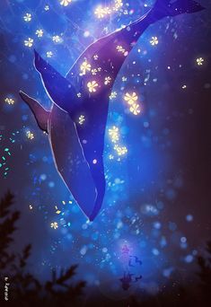 a painting of a whale floating in the air with fireworks coming out of its mouth