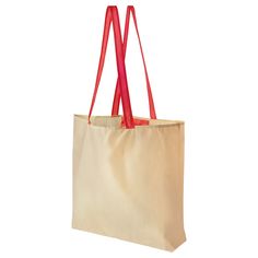 a beige bag with red handles is on a white background