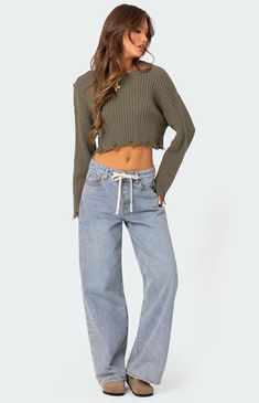 Cropped Knitted Sweater, Oversized Cropped Sweater, Visionary Fashion, Olive Green Sweater, Distressed Sweaters, Crop Sweater, Sweaters Online, Girls Sweaters, Sweater Knit