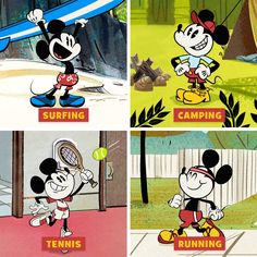 cartoon characters with tennis rackets in their hands and the words surfing, camping, tennis