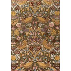 an intricately designed rug with birds and flowers on the side, in brown tones