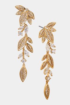 Lightweight and easy to wear, these exquisite leaf-shaped linear earrings add a touch of effortless elegance to any ensemble with sparkling cubic zirconia accents. Rhodium Jewelry, Linear Earrings, Jewellery Design Sketches, Jewelry Illustration, Gold Leaf Earrings, Luxury Earrings, Leaf Jewelry, Jewelry Lookbook, Affordable Jewelry