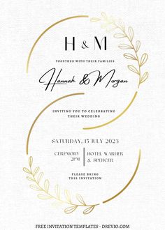 an elegant wedding card with the initials h and m