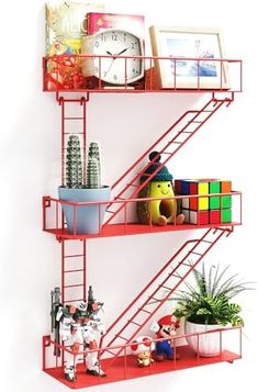 a red metal shelf with toys on it and a clock in the corner next to it