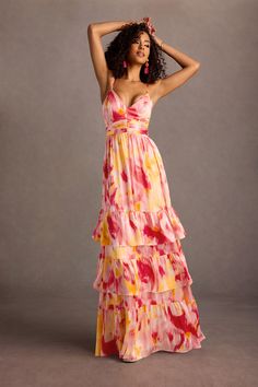 Our Lela Maxi Dress is crafted from a vibrant printed charmeuse fabric, combining a beautiful V-neckline and floor-length A-line ruffle skirt. Wear this beauty to your next formal day event, or wedding reception. Atelier Dress, Sunset Print, Plus Size Fall, Pink Sunset, Dresses Evening, For Your Party, Ruffle Skirt, Printed Maxi, Printed Maxi Dress