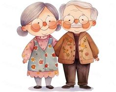 an old couple standing next to each other on a white background with the words happy birthday