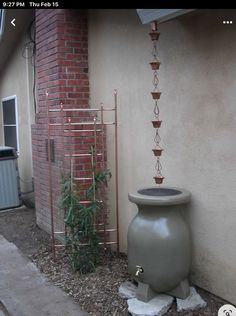 a large potted plant next to a building with a chain hanging from it's side