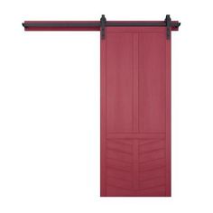 an open red barn door with black hardware and wooden slats on the bottom, against a white background