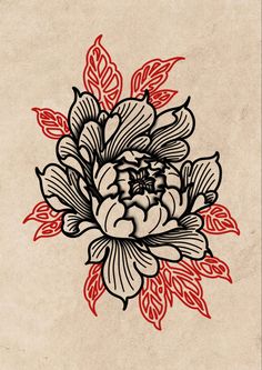 a drawing of a flower on a piece of paper with red and black flowers in the center