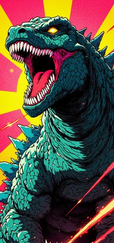 an illustration of a godzilla with its mouth open and teeth wide open, in front of a colorful background