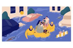 people are floating on inflatable rafts down a flooded street