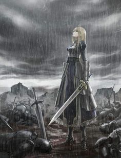 a woman holding two swords standing in the rain