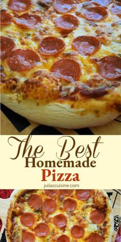 the best homemade pizza with pepperoni and cheese on it is shown in this collage