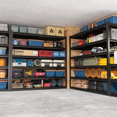 two shelving units filled with boxes and other items